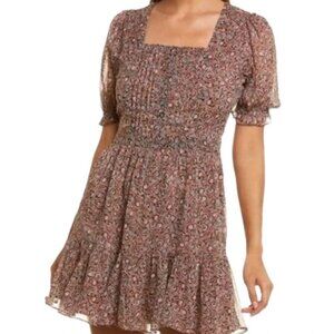 Walter Baker Verona Liza Pintuck A-line Dress Brown Peasant Sheer Puff Sleeve